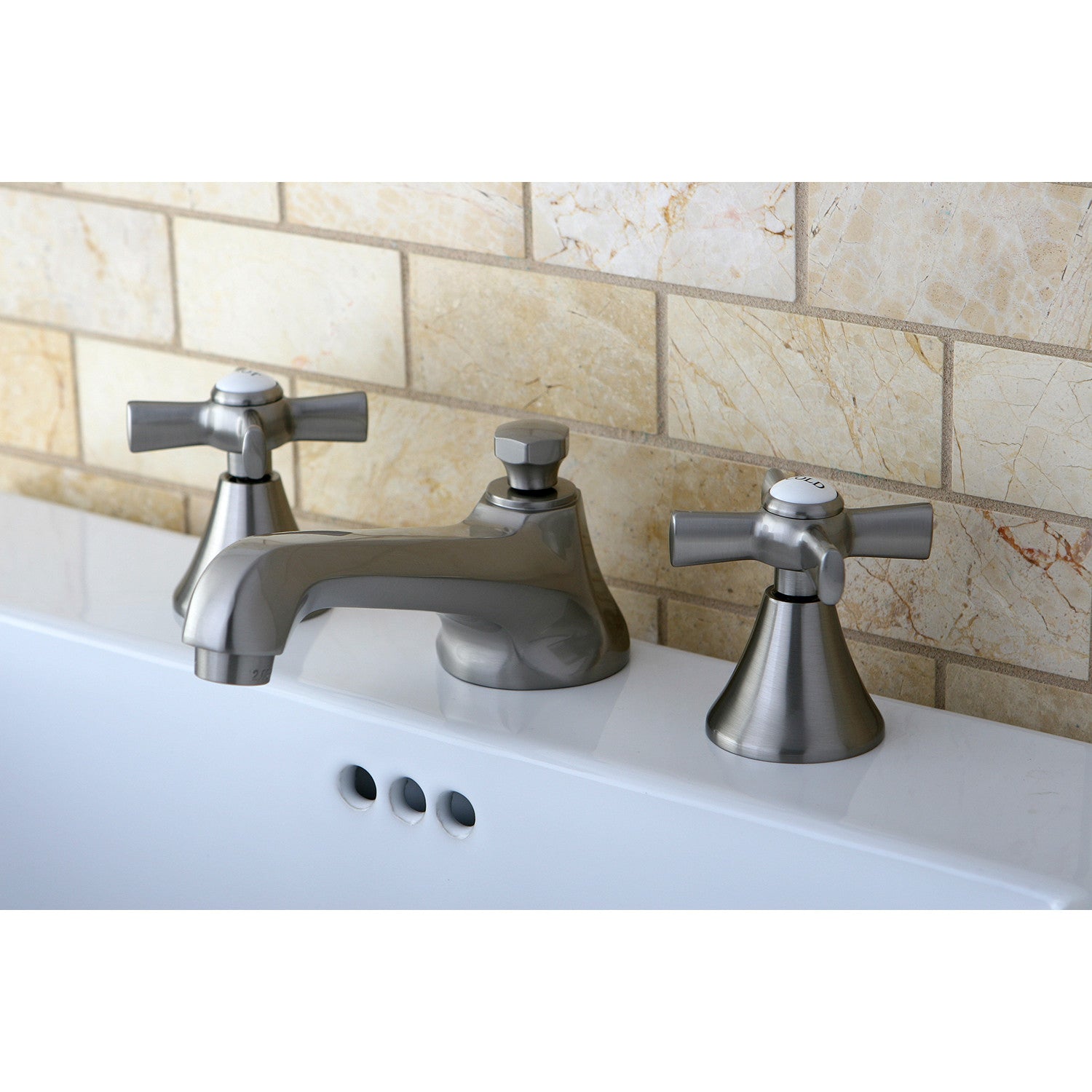 Kingston Tulare KS4478ZX - Millennium Two-Handle 3-Hole Deck Mount Widespread Bathroom Faucet with Brass Pop-Up, Brushed Nickel — thumbnail 2